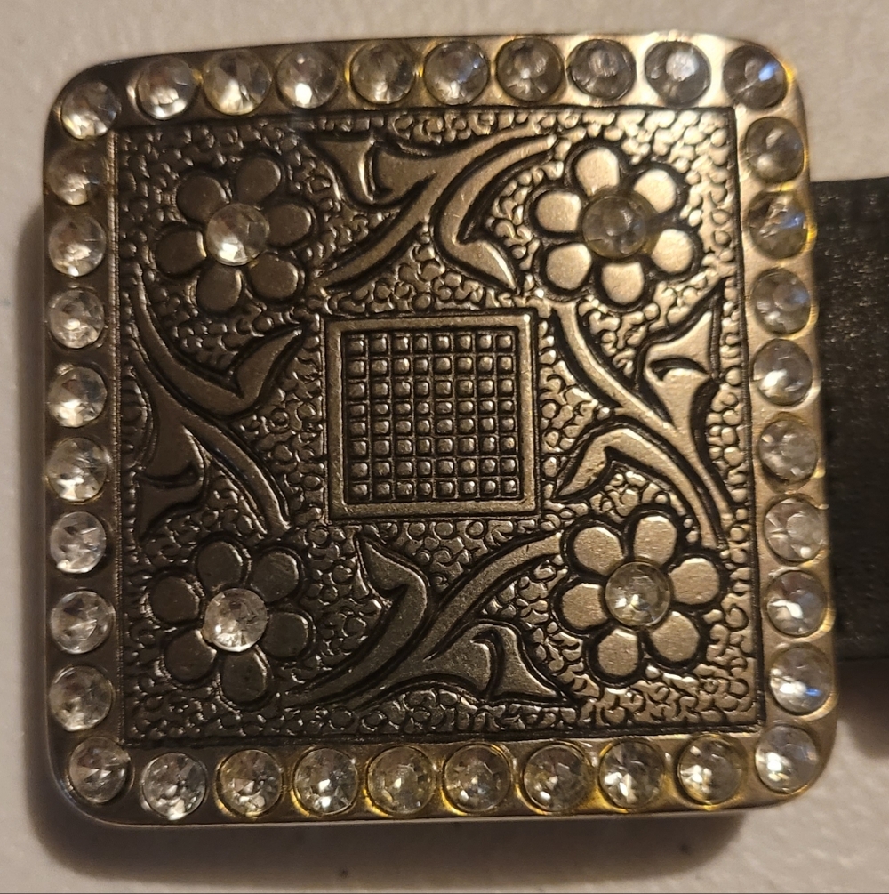 Intricate Floral Belt Buckle With Rhinestones On A Black Belt, 35.5"